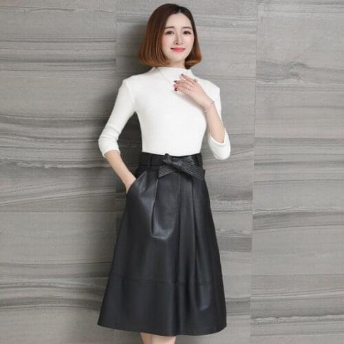 Long Pleated Black Women Genuine Sheepskin Ladies Leather Skirt with Belt Elegant Female Clothing for Christmas Gothic Style