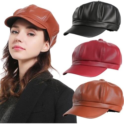 Women Leather Casual Newsboy Cap Black PU Leather Female Vintage Octagonal Cap Spring Winter Beret Ladies Flat Hat