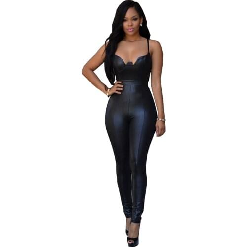 Elegant Skinny Women Faux Leather Jumpsuit 2016 Hot Sale Sexy Deep V Neck Spaghetti Strap Party Rompers Womens Jumpsuit S2408