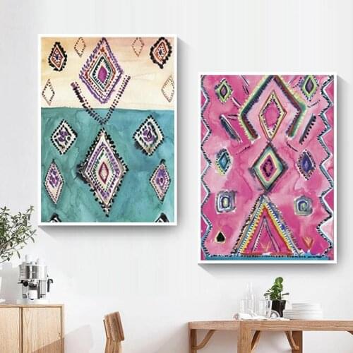 Moroccan Rug Art Prints Boho Eclectic Poster Pink Eclectic Canvas Painting Modern Bohemian Wall Art Picture Home Decoration