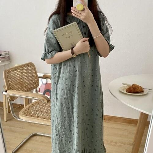 Smile Print Summer Nightgown Cotton Casual Soft Loose Sleepwear Buttons Ruffles Homewear Casual Vintage Home Clothes Kawaii