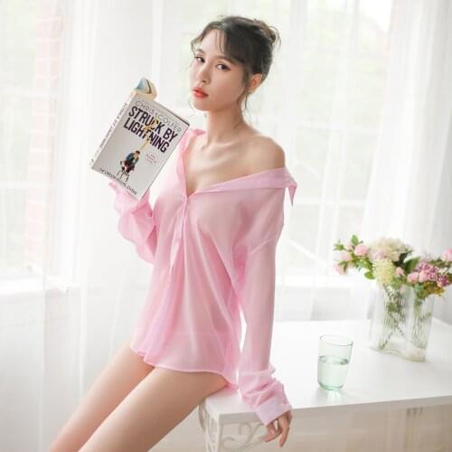 New Sexy Nightwear Women Chiffon Transparency Shirt Exotic Costumes Sexy Lingerie Party Cosplay Outfit Sets Long-sleeved T-shirt