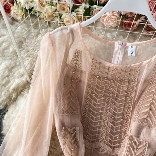 New Arrive Elegant See-through Party Dress Evening Women Mesh Spliced Hollow Out Rivet Long Dresses Big Swing Hem Gauzy Vestidos