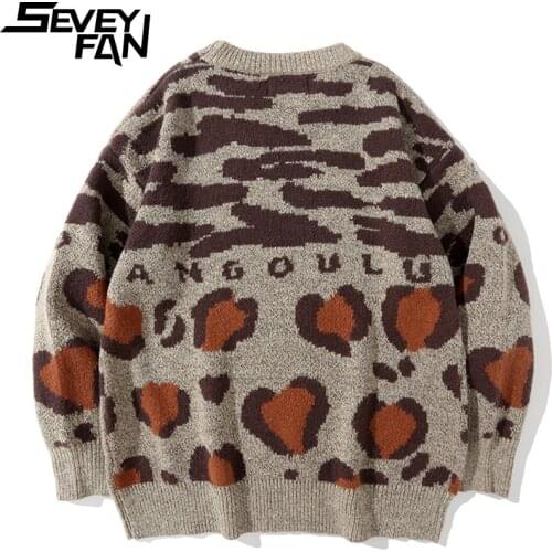 SEVEYFAN Mens Casual Leopard Jacquard Sweater Harajuku Loose Cotton Pullover Knitwear for Couples