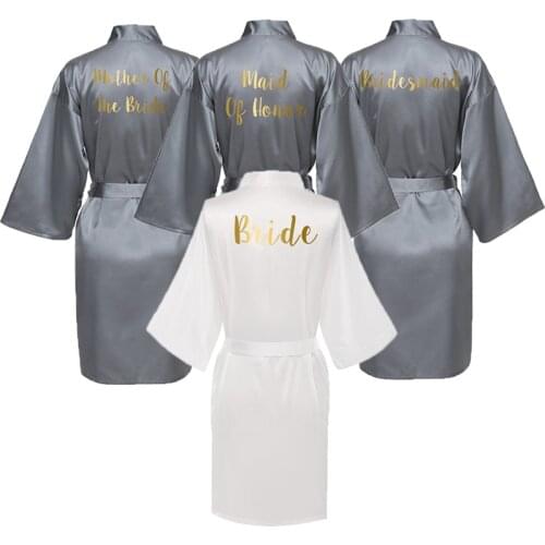 Satin Silk Bride Robe Wedding Party Bridesmaid Bride Dressing Gown Bridal Robe Bathrobe Slippers Gold Print Grey