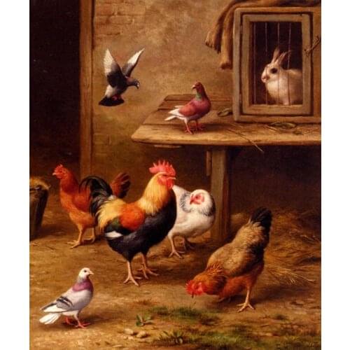 The Outside World Cock Hen Rabbit Animal Pet Hand Painted Oil Painting On Canvas