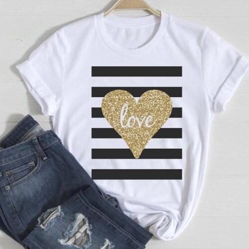 Women T Shirt New Geometric Graphic T Shirt Golden Love Printed Tops Female Cute Short Sleeve Tee Shirts Fashion Women T-shirt