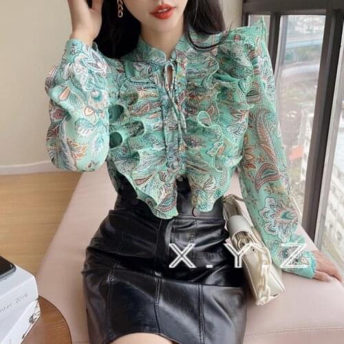 Spring 2021 Vintage Elegant Women Chiffon Print Shirt Long Sleeve Button Up Top Fashion Designer Ruffles Office Lady Clothing
