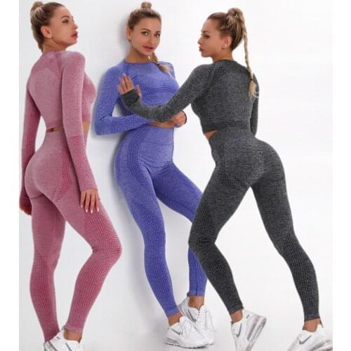 2/PCS Seamless Women Sports Suits Yoga Bra Set Workout Sportswear Gym Clothing Fitness Long Sleeve Crop Top High Waist Leggings