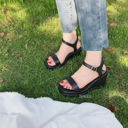 Womens Platform Wedge Sandals PU Woman Summer 2021 Peep Toe High Heel Buckle Open Toe Female Green Shoes Sandalia Espadrilles