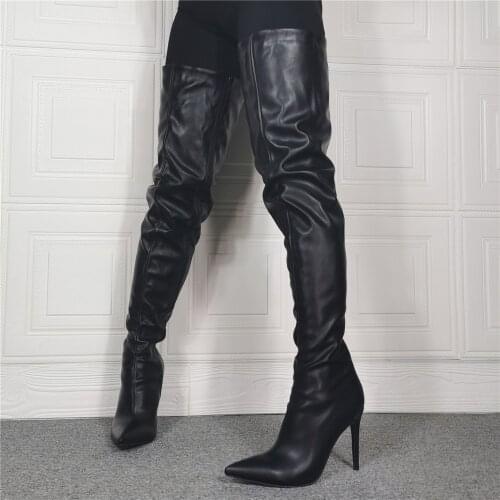 2021 Womens Thigh High Heel Boots Stiletto Heels Faux Leather Ladies Sexy Pointed Toe Over the Knee Boots Sexy Botines Mujer