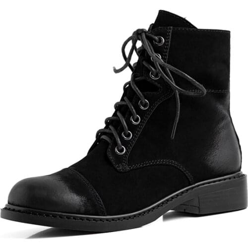 Women Leather Martin Boots Lace Up Winter Shoes Women Brand Genuine Leather Knight Boot Handmade Riding Shoe 2019 Low Heel