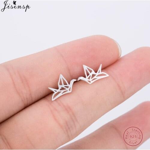 Jisensp 925 Sterling Silver Fashion Lovely Wild Origami Crane Stud Earrings for Women Cute Pendientes Birds Earrings Party Gift