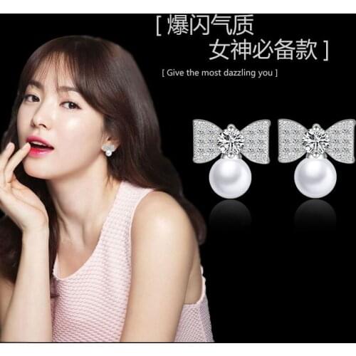 Fashion Korean Ear Jewelry Rose Gold Silver Color Butterfly Bow Knot Imitation Pearl Stud Earrings For Women CZ Crystal Earring
