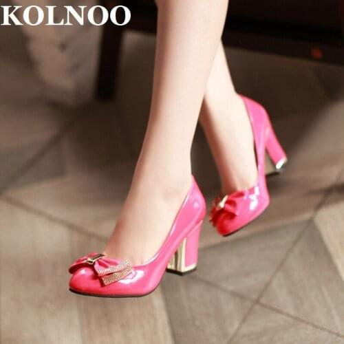 KOLNOO Handmade Ladies Thick Heels Pumps Patent Leather Butterfly-Knot Slip-On Evening Party Prom Fashion Daily Wear Court Shoes