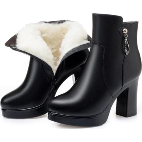 Womens Winter High Heels Wool Leather Boots Warm Snow Boots Women Trendy Pointed Toe Zipper Height Increase Ankle Boots 35-43