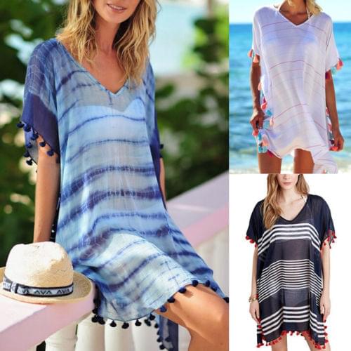 Ladies Swimwear Lace Chiffon Tassel Ball Bikini Cover Up Beachwear Kaftan Summer Shirtdress