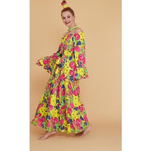 Floral Pattern Madonna Collar Long Tasseled Boho Dress For Women 2021 Elegant Fashion Clothing With Plus Size Options Xs-3xl