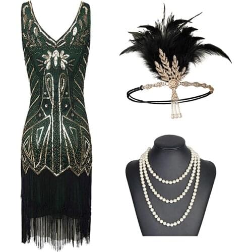 Womens Flapper Dresses 1920s Beaded Fringed Great Gatsby Dress w/Accessories Set xs-xxl