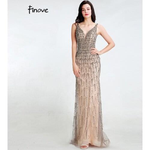 Finove 2020 New Styles Evening Dresses Elegant Tulle Beading V-Neck Sleeveless Floor-Length Prom Gowns for Party