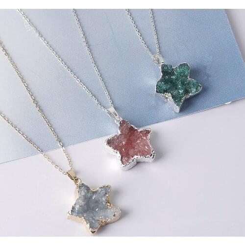 1PCS Star Shape Pendulum Natural Druzy Crystal Quartz Pendant Stone Plating Women For Jewelry Making