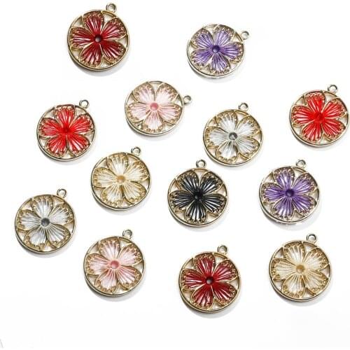 2Pcs/Lot 25mm Round Flower Charms KC Gold Plant Pendant Burgundy Black Red Purple for Bracelet Earrings Jewelry DIY Accessory