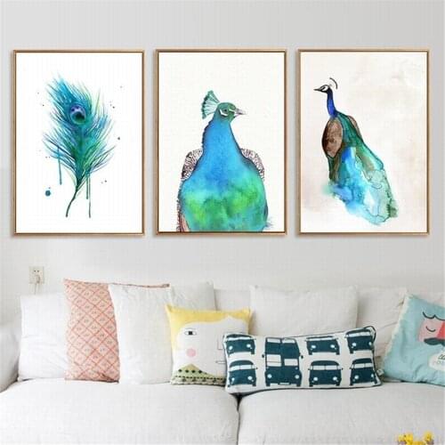 Watercolor Peacock Green Blue Feather Picture Poster Canvas Print Painting Wall Art Living Room Home Decoration