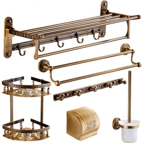Aluminum Foldable Antique Brass Bath Towel Rack Active Bathroom Towel Holder Double Towel Shelf With Hooks Bathroom Accessories