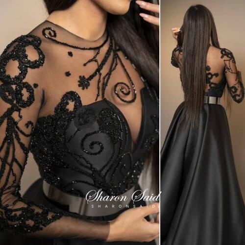 Arabic Black Long Sleeve Evening Dress 2021 Luxury Dubai Beaded Formal Party Gowns High Slit Sexy Women Special Occasion Dresses
