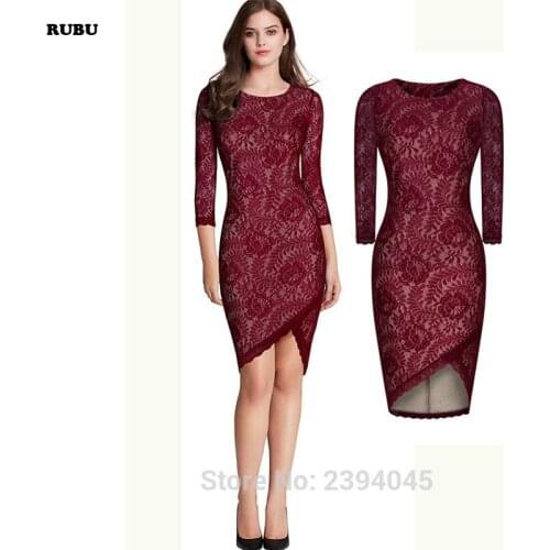 Automn Women Fashion Clothes Three Quarter Sleeve O-neck Sexy package hip Hollow out Dress Hot Sale Lace Mesh Dresses