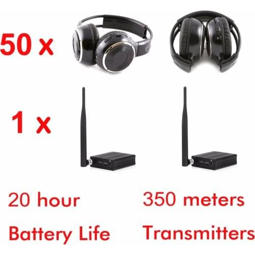500m 3 - channel silent disco headphones package ( 50 foldable RF headphones and 1 transmitter)
