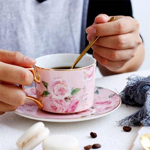 European Fashion Phnom Penh Rose Ceramic Coffee Cup Household Flower Tea Cup and Saucer Set Simple Milk Cup with Spoon Drinkware