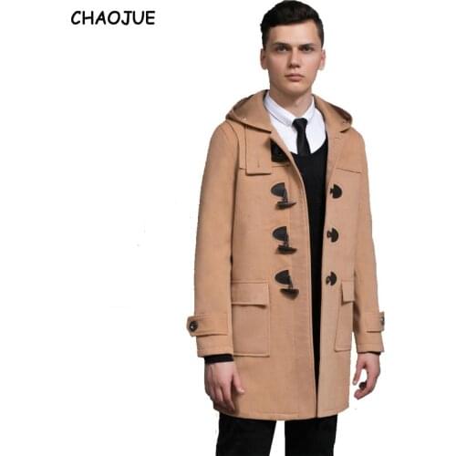CHAOJUE Horn button hooded woolen coat 2018 preppy style male plus size imination cashmere overcoat mens black duster coat gift