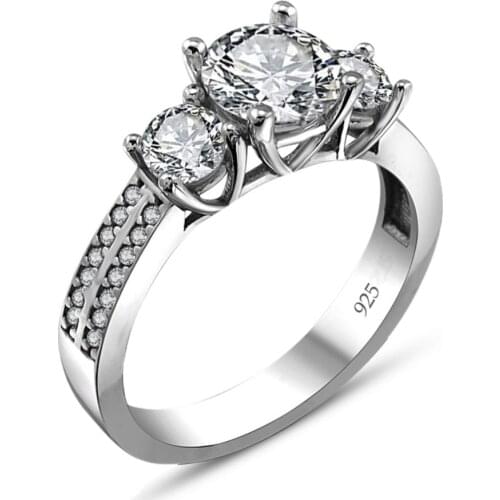 Certified Swarovski Three Stone Diamond Montür 925 Silver Ring