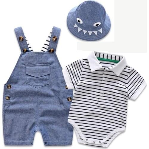Newborn Boy Summer Clothes Set Cotton Kids Birthday Dress stripe Infant Outfit Hat + Romper + Overall Casual Baby Boy Clothes