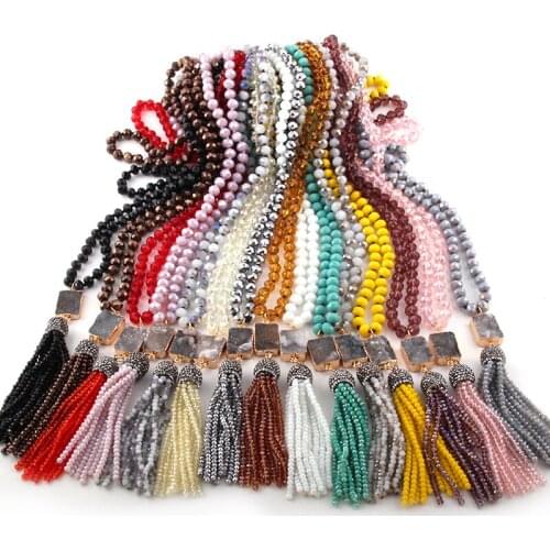 Fashion Bohemian Tribal Jewelry Glass Knotted Square /Oval Druzy Link Tassel Necklaces Women Ethnic Necklace