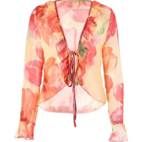Summer Spring Blouse Chiffon Navel Exposed Mini Women Floral Printing Blouse Streetwear Shirts Womens Plus Size Tops for Party
