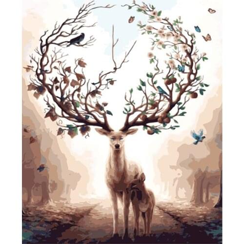 DIY 5D Poured Glue Diamond Painting Kits Scalloped Edge Deer And Its Son Full Round Drill Modern Wall Art Decoration Gift Art