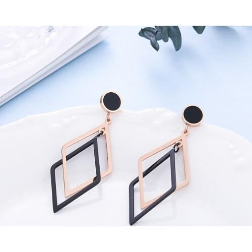 Stainless steel rose gold black stone geometry drop earrings jewelry gift for women minimalism jewellery for him