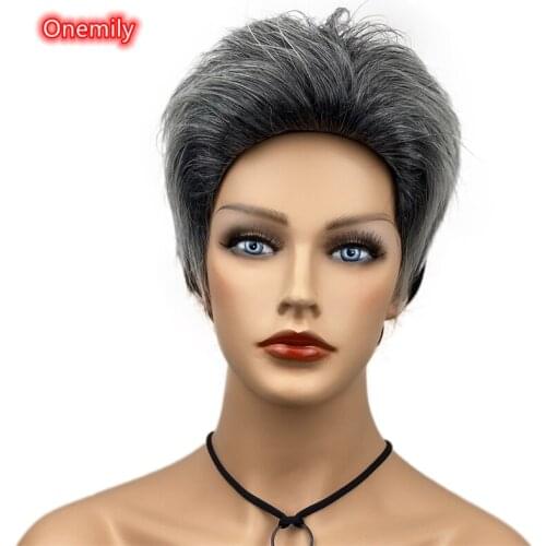 Onemily Short Straight Layered Black Grey Mixed Pixie Cut Wigs Synthetic Natural Fashion Hair