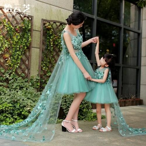 Mommy and Me Mother Daughter Wedding Dress Floor Length Flower Girl Dress with Appliques family Evening Mother Daughter Clothes