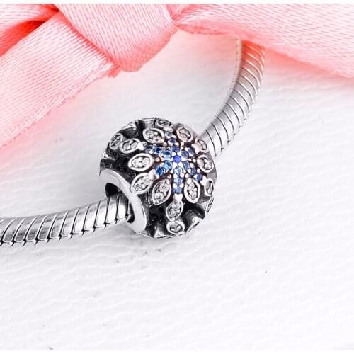 Fits For Pandora Bracelets Crystalized Snowflakes Charms with Blue Crystals & CZ 100% 925 Sterling Silver Bead Free Shipping