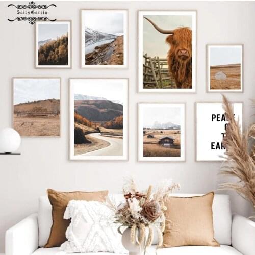 Natural Scenery Mountain Forest House Cattle Nordic Posters and Prints Wall Art Canvas Painting Pictures for Living Room Decor