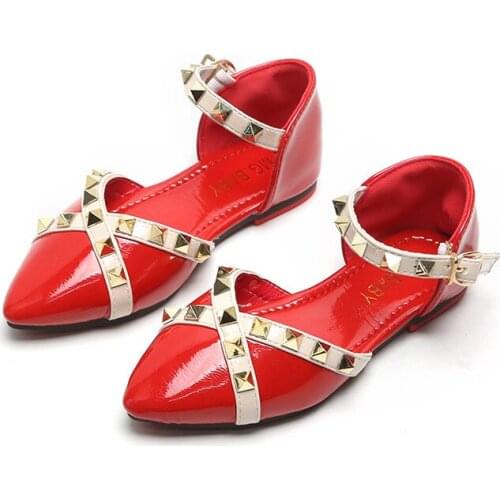 Summer Kids Big Girls White Red Rivet Pointed Princess Leather Shoes Children Punk Flat Sandals Dance Dress Shoes New