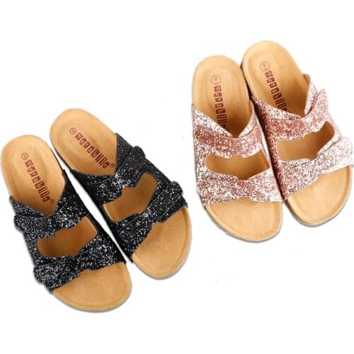 Slippers Women Slides Summer buckle Sandals Flash chip Female Beach Shoes flat heel Bling Casual Adjustable Hook&Loop