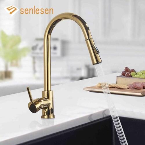 Senlesen Golden Kitchen Faucet Pull Out Stainless Steel Sprayer Deck Mounted Single Handle Kitchen Sink Faucet