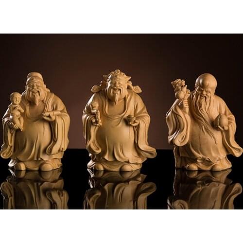 Boxwood Buddha Statue Sanxing Three Stars Fu Lu Shou Home Decoration Prosperity Sculpture Chinese Feng Shui Home Decor