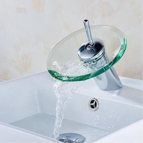 Glass Waterfall Bathroom Kitchen Sink Round Waterfall Faucet Brass Chrome Basin Faucet Single Lever Hot and Cold Mixer Tap