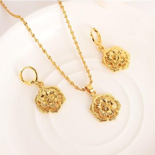 Gold Color vintage flower rose Jewelry sets Pendant Necklaces Women,African Jewelry wedding bridal charms party mother gift
