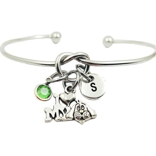 I Love My Dog Creative Initial Letter Monogram Birthstone Adjustable Bracelet Fashion Jewelry Women Gift Accessories Pendant